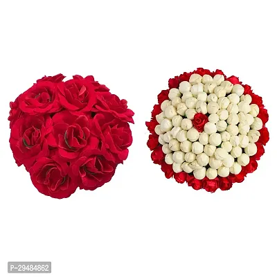 Classic Red Rose Hair Gajra Bun Flower Gajra Juda Maker Hair Flower Gajra Bun Hair Accessories For Women And Girls, Red and White Pack-2-thumb0