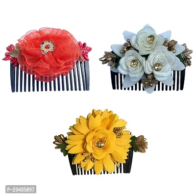 Classic Bridal Hair Clip Comb/ Side Hair Pin/ Flower Hair Comb Pin/ Juda Pin Hair Accessories For Women and Girls, Multicolor, Pack Of 3