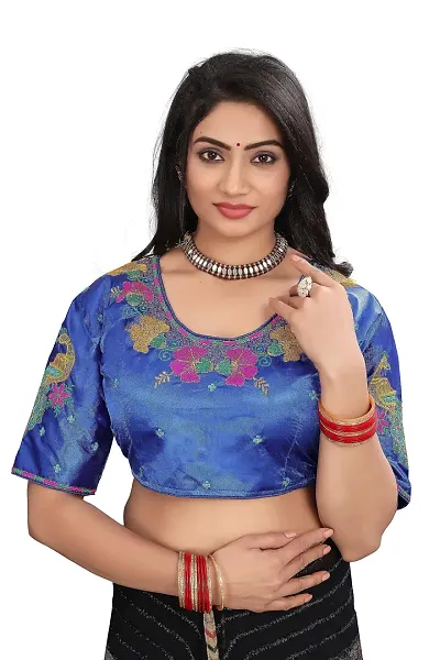 Silk Art Shop Havy Embroidery Work stitched Blouse Material for Women (Front Side Work) (Back Side Work) (Side Sleeve Work) (ONLY Work Fabric  0.80 Meter) (Blue)