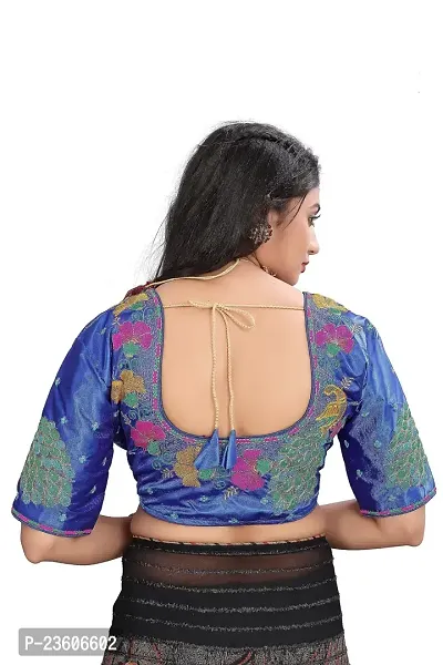 Silk Art Shop Havy Embroidery Work stitched Blouse Material for Women (Front Side Work) (Back Side Work) (Side Sleeve Work) (ONLY Work Fabric  0.80 Meter) (Blue)-thumb2