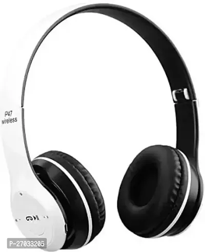 Stylish P47 Wireless Bluetooth Over Ear Headphones 5.0+Edr With Volume Control Hd Sound And Bass Mic Sd Card Slot With Aux Connected Slot White-thumb0