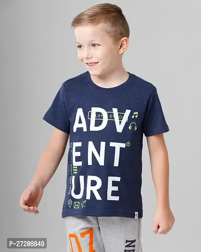 Stylish Blue Cotton Blend Printed Tees For Boys