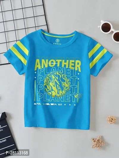 Stylish Blue Cotton Blend Self Pattern Tees For Boys