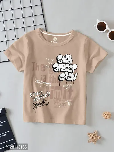 Stylish Brown Cotton Blend Self Pattern Tees For Boys