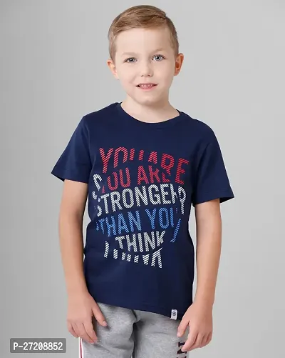 Stylish Navy Blue Cotton Blend Printed Tees For Boys