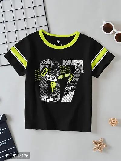 Stylish Black Cotton Blend Self Pattern Tees For Boys