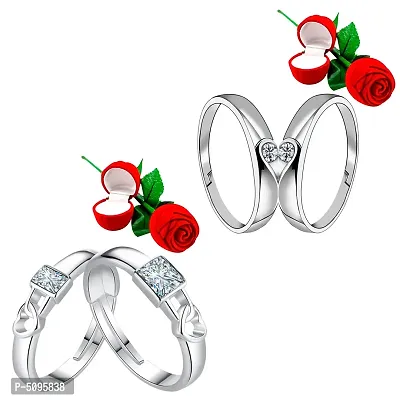 Shimmering Designer Alloy Adjustable Couple Rings Set with 2 Piece Red Rose Gift Box - 2 Pairs-thumb0