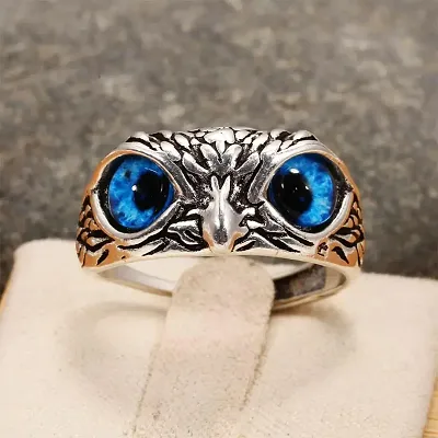 Blue Demon Eyes Owl/Ullu Bird Face Design Thumb Finger Ring Stainless Steel Silver Plated Ring