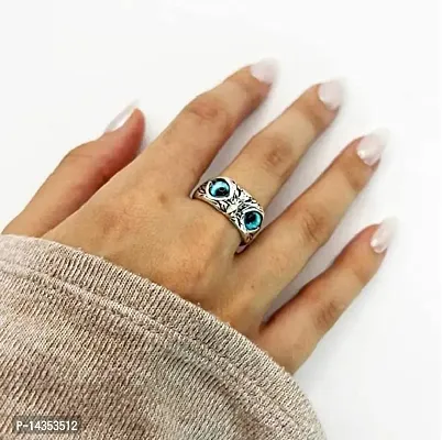 Blue Demon Eyes Owl/Ullu Bird Face Design Thumb Finger Ring Stainless Steel Silver Plated Ring-thumb3