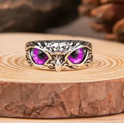 Pink Demon Eyes Owl/Ullu Bird Face Design Thumb Finger Ring Stainless Steel Silver Plated Ring