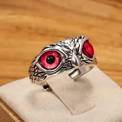 Red Demon Eyes Owl/Ullu Bird Face Design Thumb Finger Ring Stainless-Steel Silver-Plated Ring