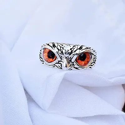 Orange Demon Eyes Owl/Ullu Bird Face Design Thumb Finger Ring Stainless-Steel Silver-Plated Ring