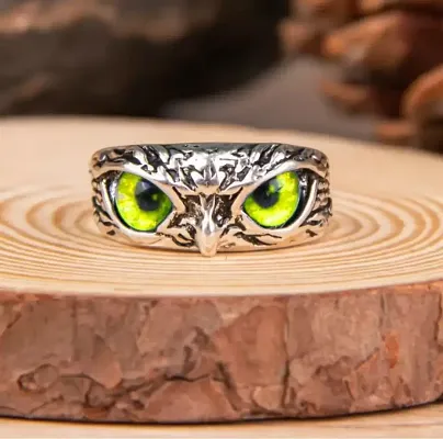 Yellow Demon Eyes Owl/Ullu Bird Face Design Thumb Finger Ring Stainless-Steel Silver-Plated Ring