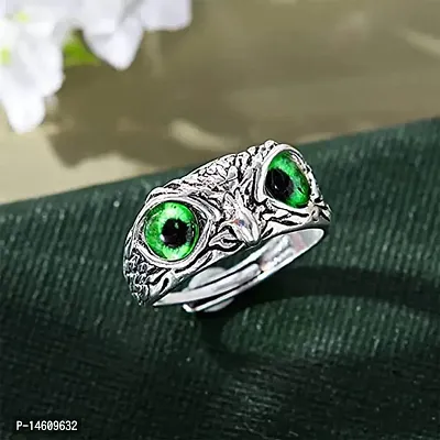 Green Demon Eyes Owl/Ullu Bird Face Design Thumb Finger Ring Stainless-Steel Silver-Plated Ring-thumb0