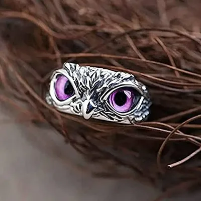 Purple Demon Eyes Owl/Ullu Bird Face Design Thumb Finger Ring Stainless-Steel Silver-Plated Ring