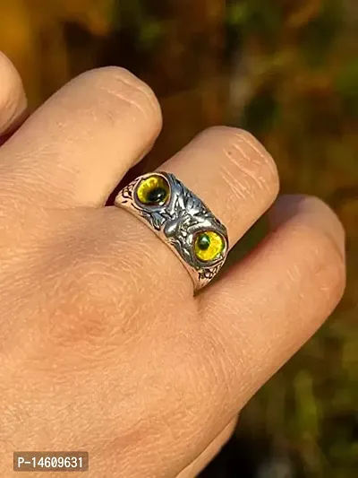 Yellow Demon Eyes Owl/Ullu Bird Face Design Thumb Finger Ring Stainless-Steel Silver-Plated Ring-thumb4