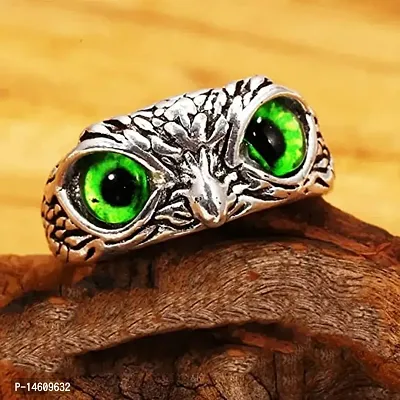 Green Demon Eyes Owl/Ullu Bird Face Design Thumb Finger Ring Stainless-Steel Silver-Plated Ring-thumb3
