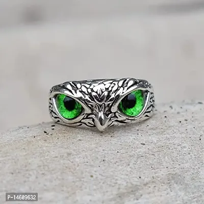 Green Demon Eyes Owl/Ullu Bird Face Design Thumb Finger Ring Stainless-Steel Silver-Plated Ring-thumb4