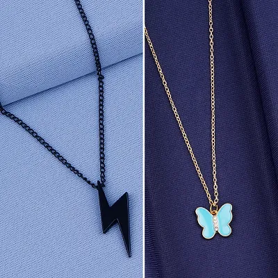 Black Color/Sky Blue Butterfly Necklace Chain for Women and Girls Pack of 2