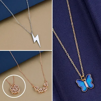 Different Type Blue Color Chain Plated Butterfly Pendant Necklace for Women and Girls Pack Of 3