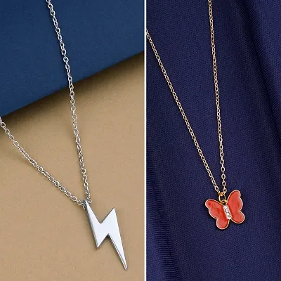 Silver/Red Butterfly Pendant Necklace Chain For Women and Girls