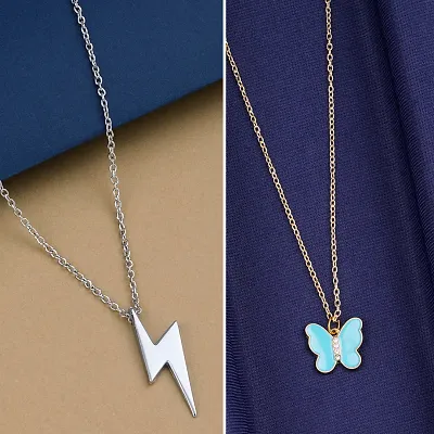 Zig Zag Flash Sky Blue Color Butterfly Necklace Chain for Women and Girls