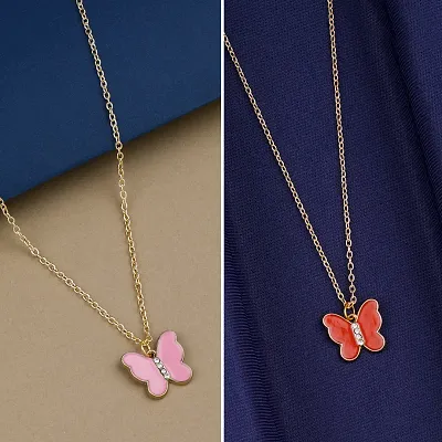 Red/Peach Butterfly Gold Plated Pendant Necklace Chain For Women and Girls