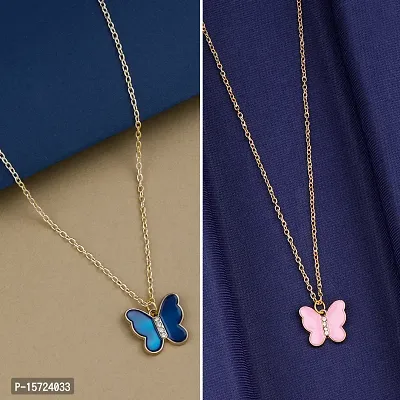 Pink and Dark Blue Butterfly Gold Plated Pendant Necklace Chain For Women and Girls-thumb0