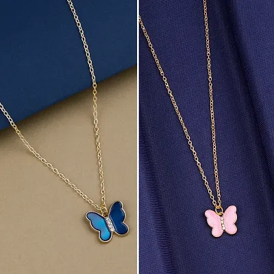 Pink and Dark Blue Butterfly Gold Plated Pendant Necklace Chain For Women and Girls