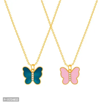 Pink and Dark Blue Butterfly Gold Plated Pendant Necklace Chain For Women and Girls-thumb2