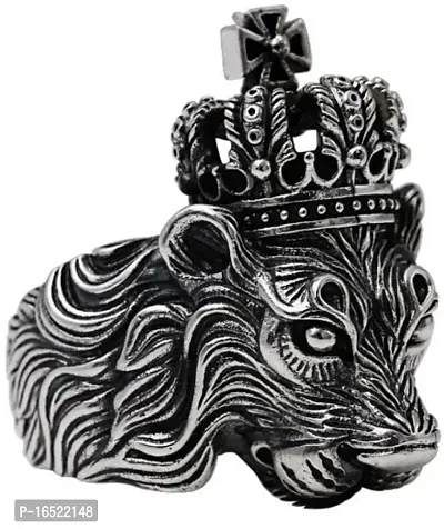 Silver plated oxidised silver Crown Lion ring for him and her