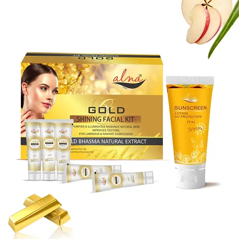 ALNA Gold Shinning Facial Kit ||Purifies   Illuminates Radiance Natural Skin|| |75gm| + Sunscreen Lotion ||UV Protection|| SPF 30+ |75ml| {Pack of 2}