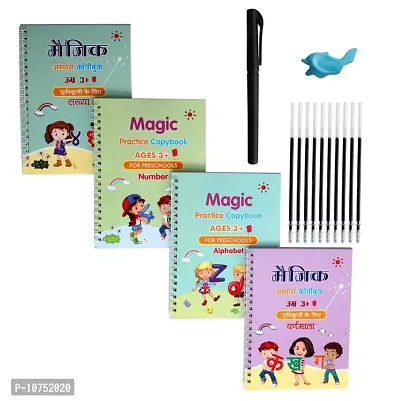 Hindi and English Magic Practice Copybook, (4 Book + 1 Pen + 10 Refill) Number Tracing Book for Preschoolers with Pen, Magic Caligraphy Books for Kids Reusable Writing T-thumb0