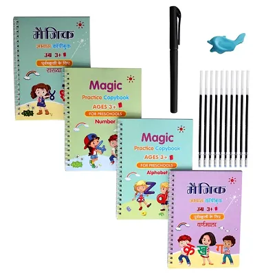 Hindi and English Magic Practice Copybook, (4 Book + 1 Pen + 10 Refill) Number Tracing Book for Preschoolers with Pen, Magic Caligraphy Books for Kids Reusable Writing T
