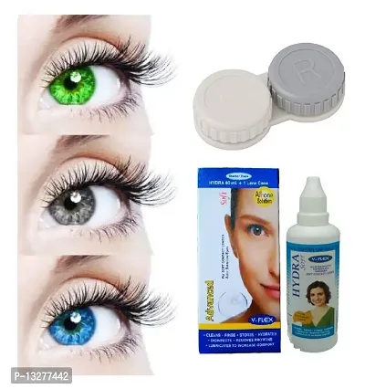 Green-Grey-Light Blue Colored (3 Pairs) Soft Contact Lens (0 Power) with Solution  Case