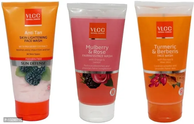 VLCC Original Anti-Tan Skin Ligtening, Mulberry and Rose, Turmeric and Berberis FaceWash -Packof 3 (150 ml Each)