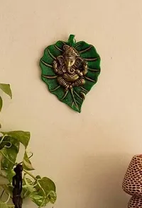 Metal Ganesh Ganesha Ganpati Statue Religious Idol Pan/patta/Leaf Wall Hanging FengShui Vastu Home Decor Gift Sculpture Wall Art Home/Office/Wall Decor Figurine - 19 cm Decorative Showpiece - 19 cm&nbsp;&nbsp;(Aluminium, Green)-thumb2