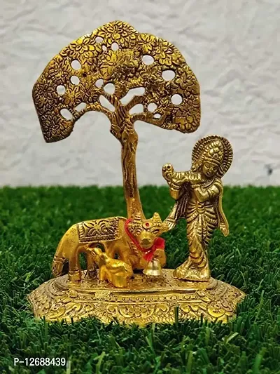 Metal Krishna with Cow Standing Under Tree Plying Flute Decorative Showpiece Golden Oxidized Gift Item, (Gold, 12.5X8X16Cm):Krishna Tree 203-thumb4