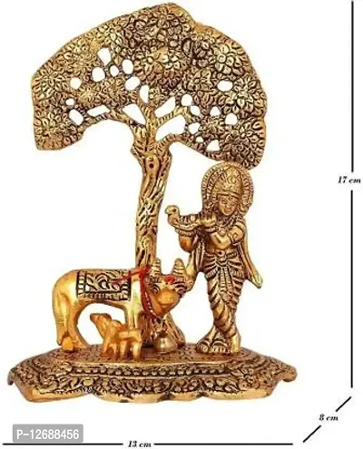 Metal Krishna with Cow Standing Under Tree Playing Flute / Brass Showpiece / Krishna Murti / Krishna Cow Idol / Krishna Showpiece / God Idols/ Decorative Showpiece Decorative Showpiece - 17 cm (Metal, Gold):Krishna Tree 225-thumb3