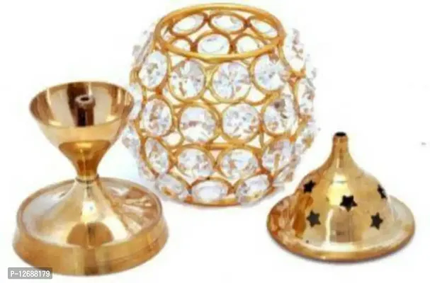 Brass Akhand Diya | Diamond Crystal Deepak/Dia | Akhand Jyot | Magical Lantern Brass Diya | Decorative Brass Crystal Oil Lamp | Tea Light Holder Lantern | Puja Lamp Brass Table Diya&nbsp;&nbsp;(Height: 4.5 inch)-thumb2