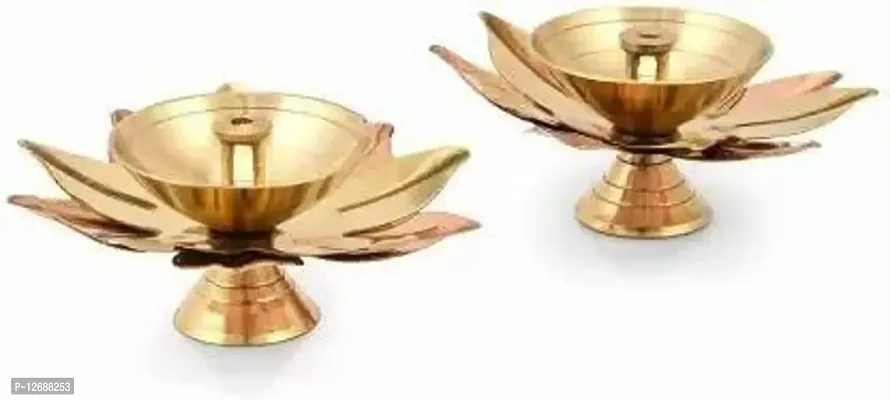 Akhand Kamal Lotus Diya Akhand Jyot Magical Lantern Brass Diya Puja Lamp Copper, Brass (Pack of 2) Table Diya Set&nbsp;&nbsp;(Height: 1.5 inch) : Copper Brass Diya 229-thumb2