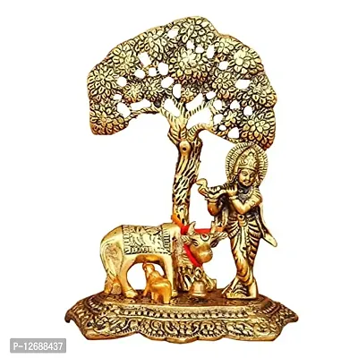 Brass Metal Cow Calf and Lord Krishna Under Tree Idol Showpiece Sculpture , Medium , Golden, (Gold, 12.5X8X16Cm):Krishna Tree 204-thumb3