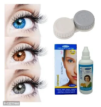 Light Blue-Brown-Grey Colored (3 Pairs) Soft Contact Lens (0 Power) with Solution  Case