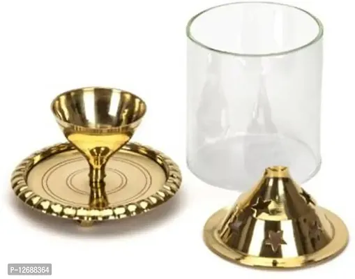 Samll Akhand diya with Boroslicate Glass molded glass 4.2 inch Brass, Glass Table Diya&nbsp;&nbsp;(Height: 4.2 inch)_Glass Diya 226-thumb2