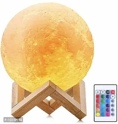 3D Remote  Touch Control Adjust Brightness Moon Lamp with Wooden Stand Rechargeable Battery Night Lamp&nbsp;&nbsp;(15 cm, Multicolor)