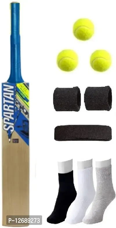 Blue/Yellow Sticker Poplar Willow Cricket Bat (For Tennis Ball) Full Size Combo (5 Items)