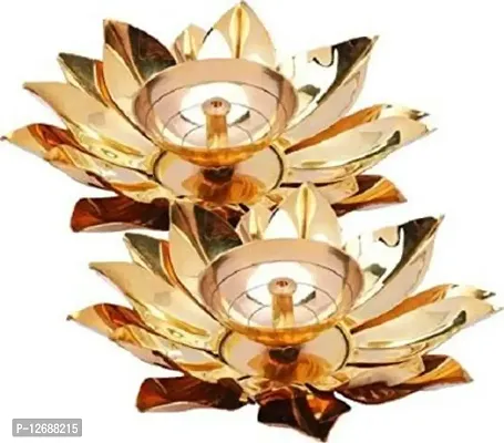 2 Brass and Copper Leaf Lotus Diya for Puja Item Akhand Diya For Diwali Brass, Copper (Pack of 2) Table Diya Set&nbsp;&nbsp;(Height: 1.5 inch) : Copper Brass Diya 218