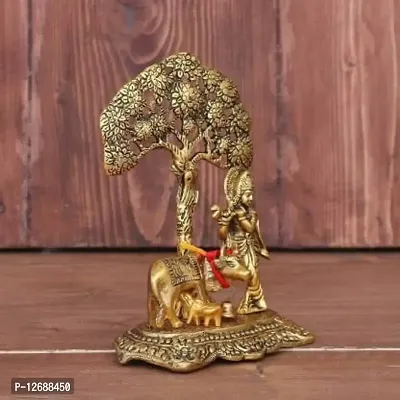 Metal Krishna with Cow Standing Under Tree Plying Flute Decorative Showpiece - 17 cm&nbsp;&nbsp;(Metal, Gold):Krishna Tree 220-thumb0