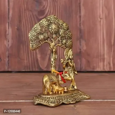 Home D&eacute;cor  Gifts cow krishna stand under tree Decorative Showpiece - 12 cm&nbsp;&nbsp;(Metal, Gold):Krishna Tree 211-thumb2