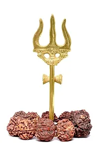 Metal Lord Shiva Brass Trishul with Damru on Stand for Pooja Room (Height-10cm)-thumb1